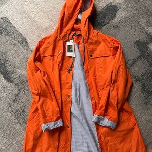 NWT Bright Orange Hooded Raincoat with Striped Lining